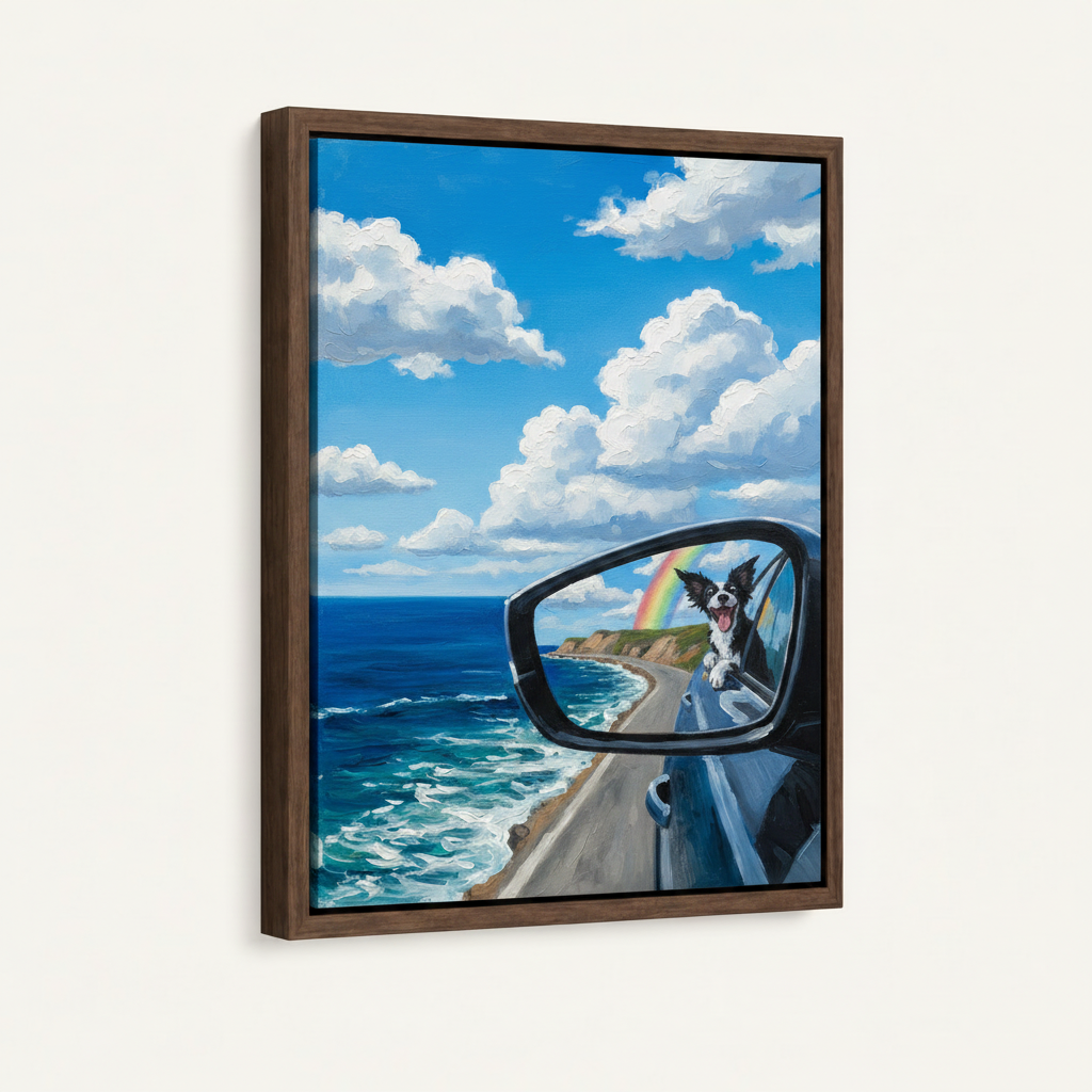 Framed dog road trip painting in dark walnut float frame on off-white wall background