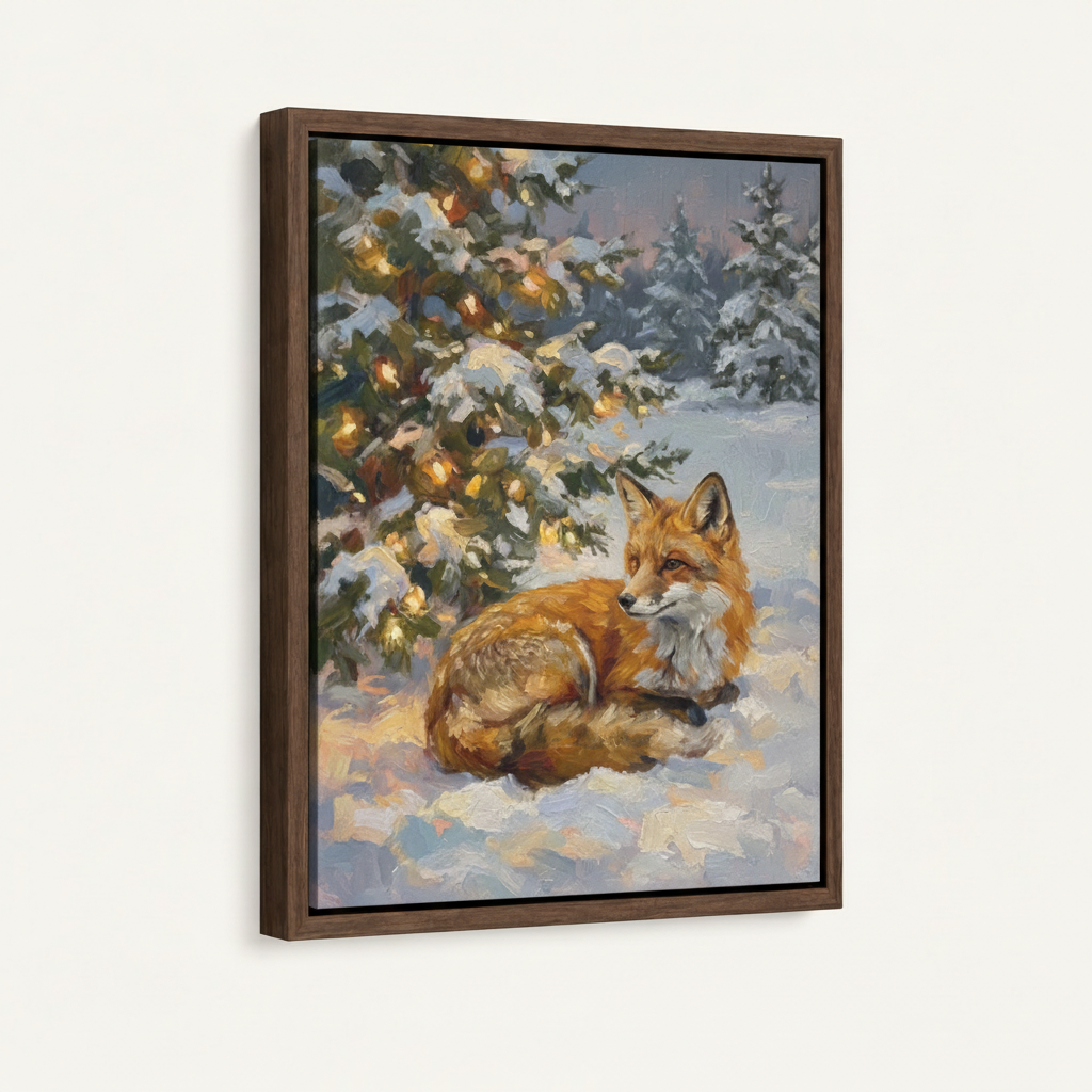 Red fox snow painting in dark walnut float frame on clean white background