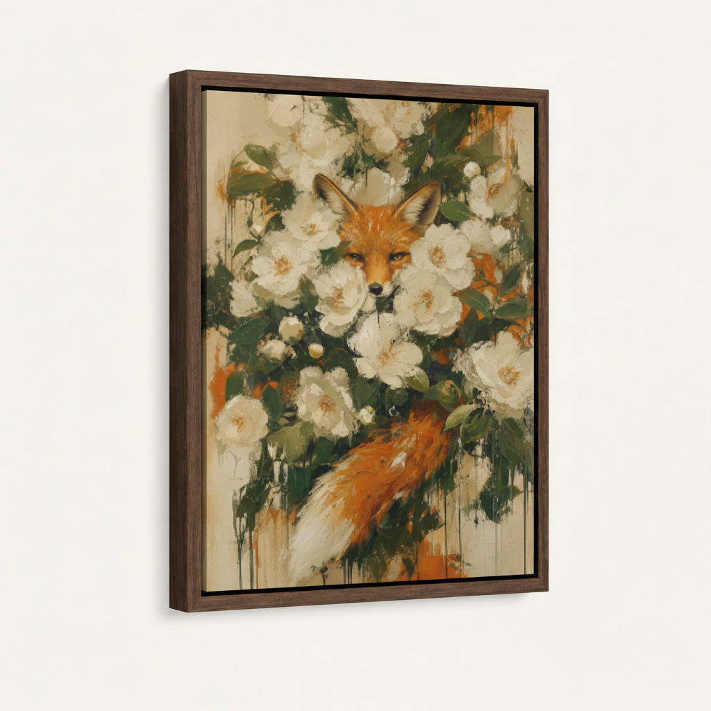 Fox camellia impasto painting in dark walnut float frame, white background 3/4 angle product shot