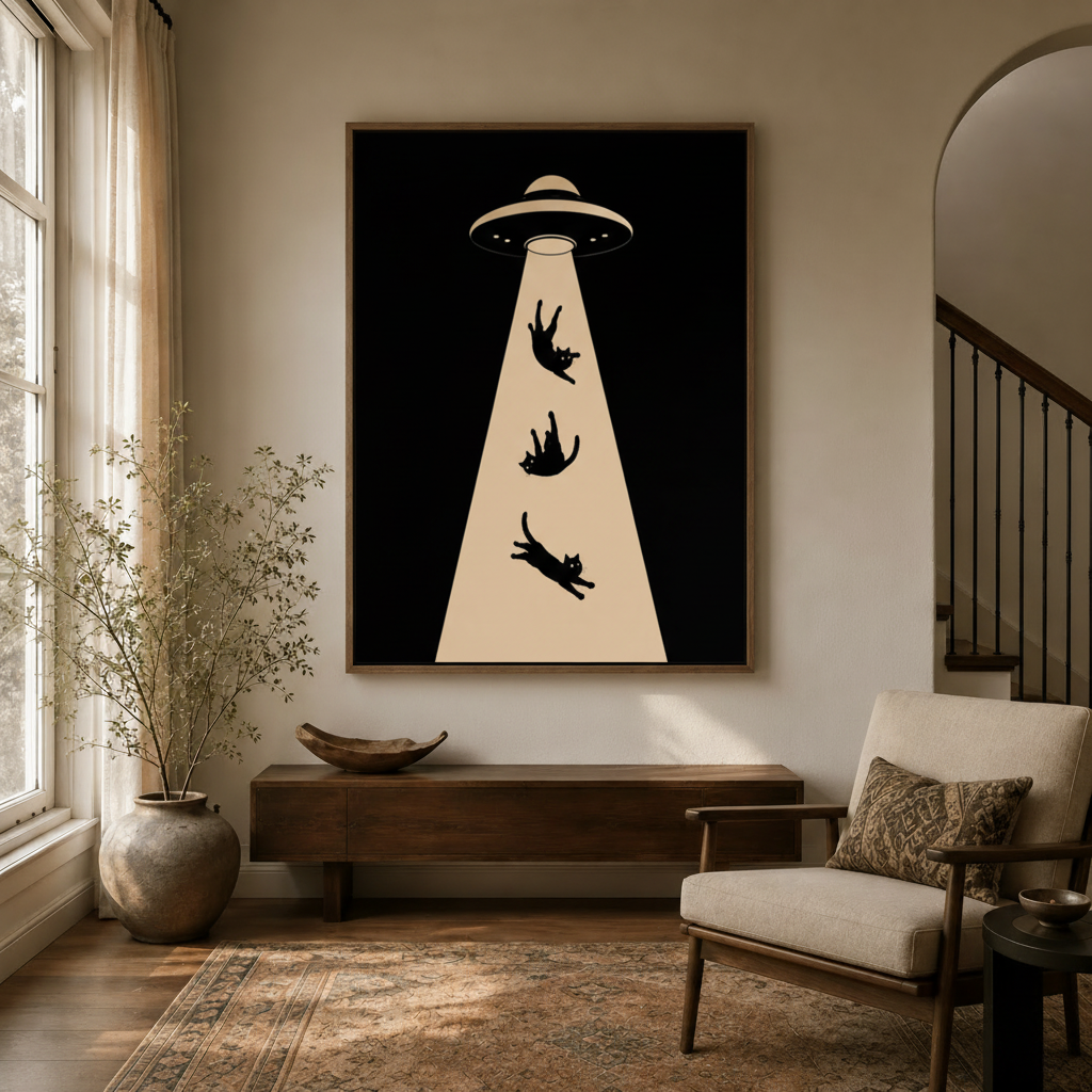Funny UFO cat canvas wall art displayed in bright entryway above dark console table