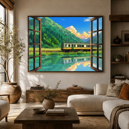 Dreamy anime landscape canvas with train and mountain view hung above sideboard in living room