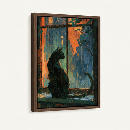 Framed black cat rainy night canvas print with dark walnut float frame on clean white background
