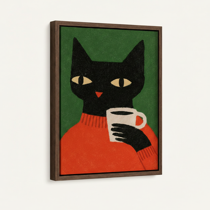 Framed canvas black cat wall art with dark walnut wood frame shown at angle on white background