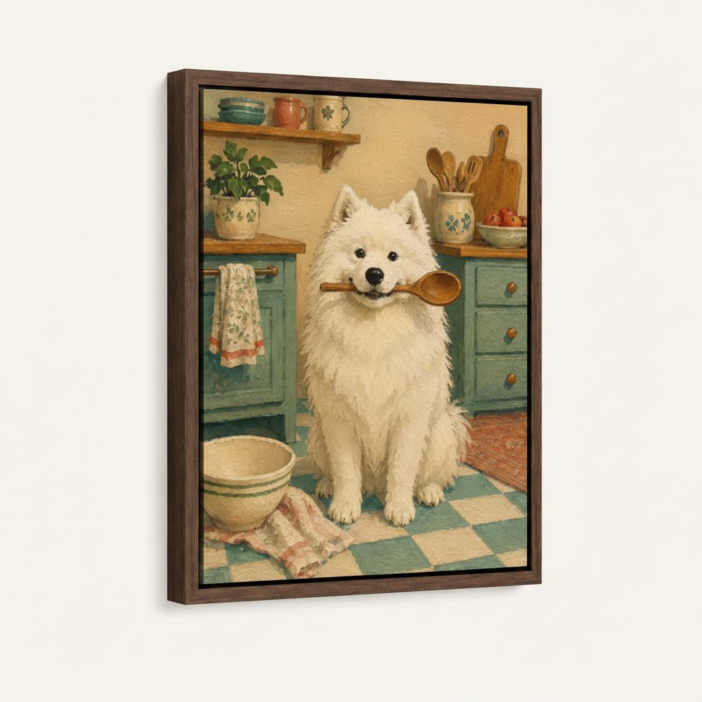 Whimsical Samoyed dog kitchen painting in dark walnut float frame on white background