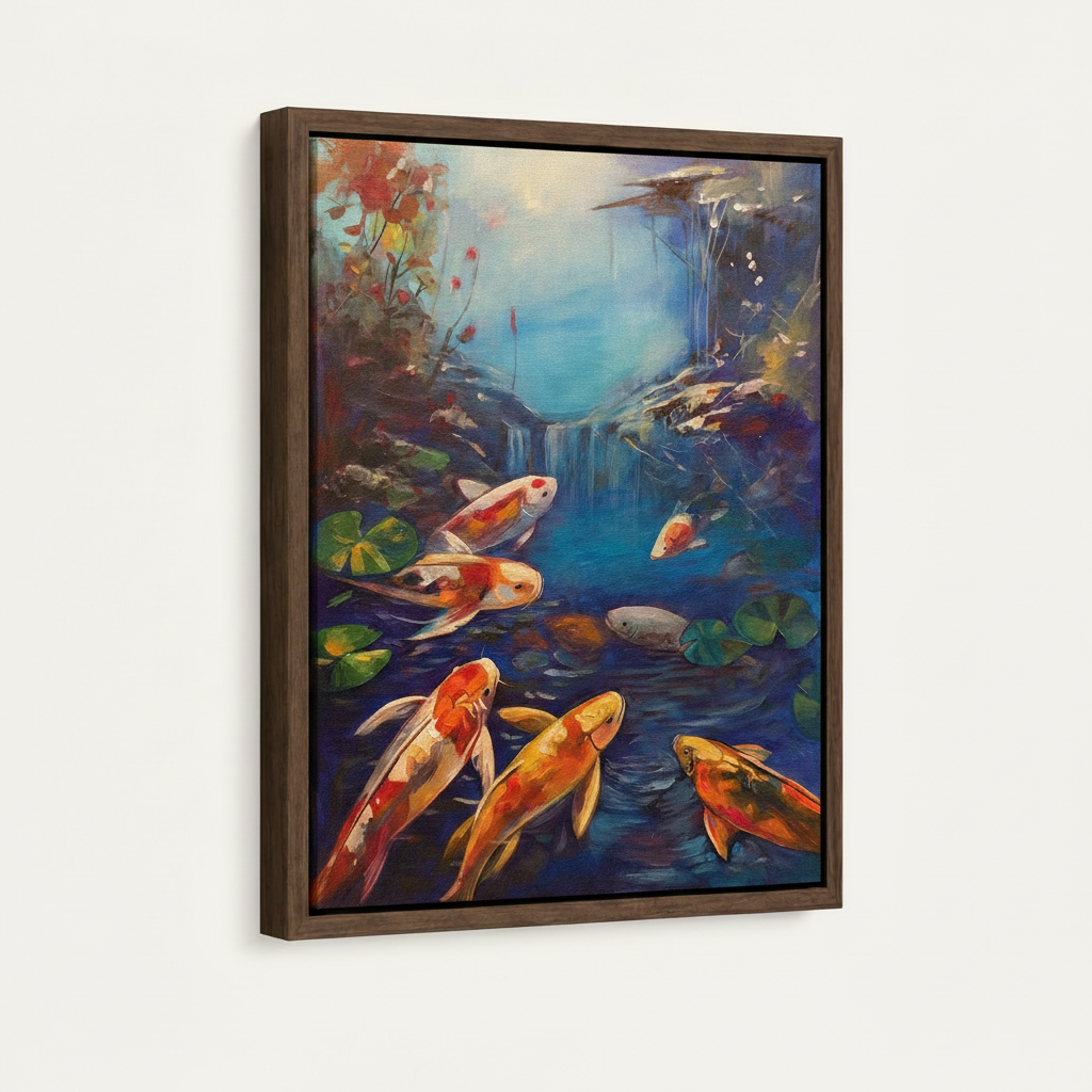 Koi fish pond oil painting canvas in walnut float frame, angled side view on white background