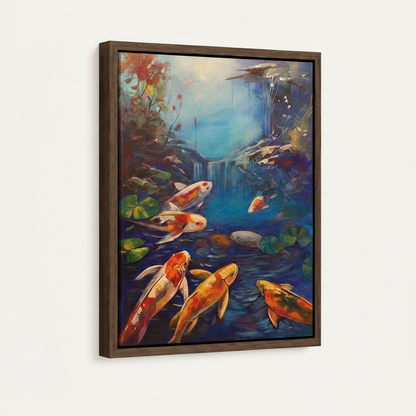 Koi fish pond oil painting canvas in walnut float frame, angled side view on white background