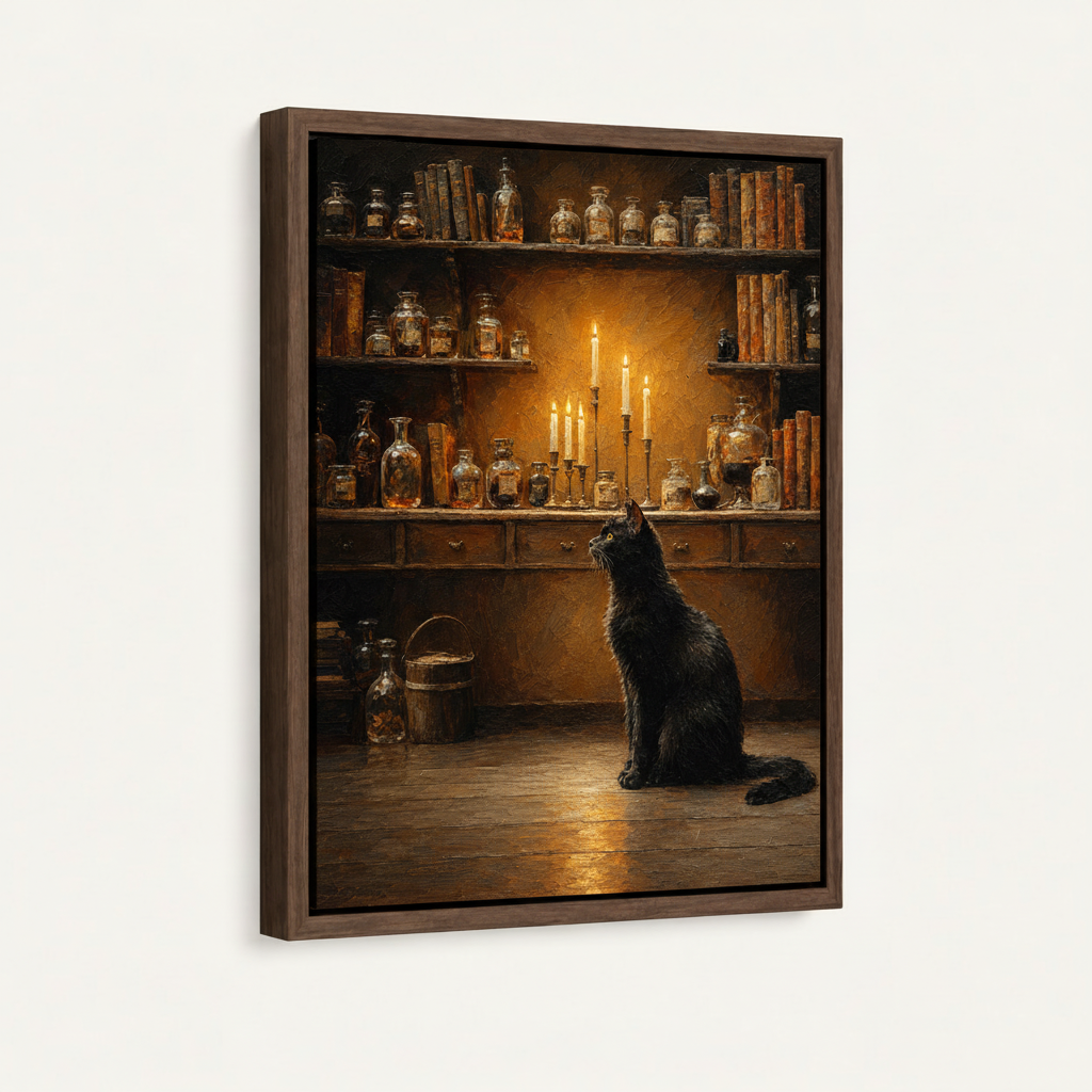 Framed black cat candlelight oil painting canvas art in walnut float frame, angled product view