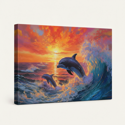 Gallery-wrapped dolphin leaping over ocean wave canvas art with fiery sunset sky side angle product view