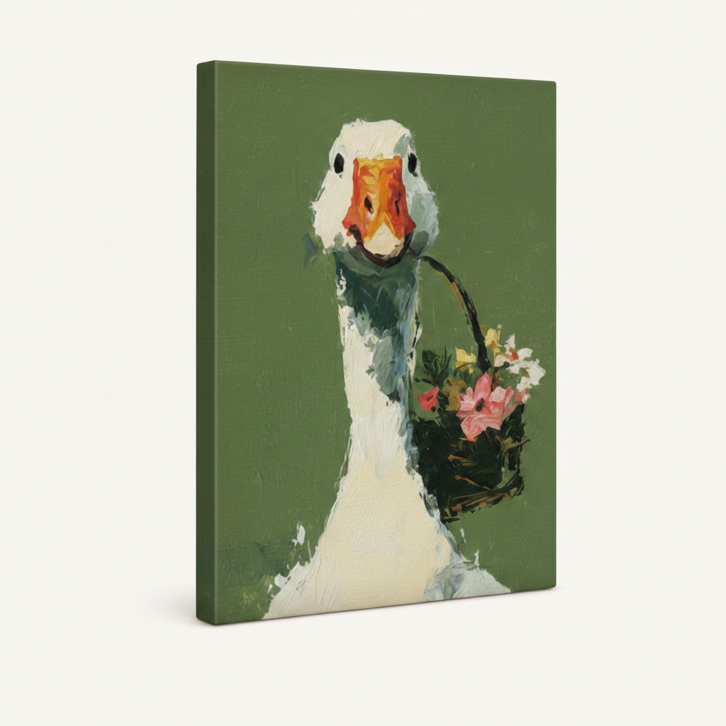 Gallery-wrapped goose with flower basket canvas, frameless product shot on clean cream background
