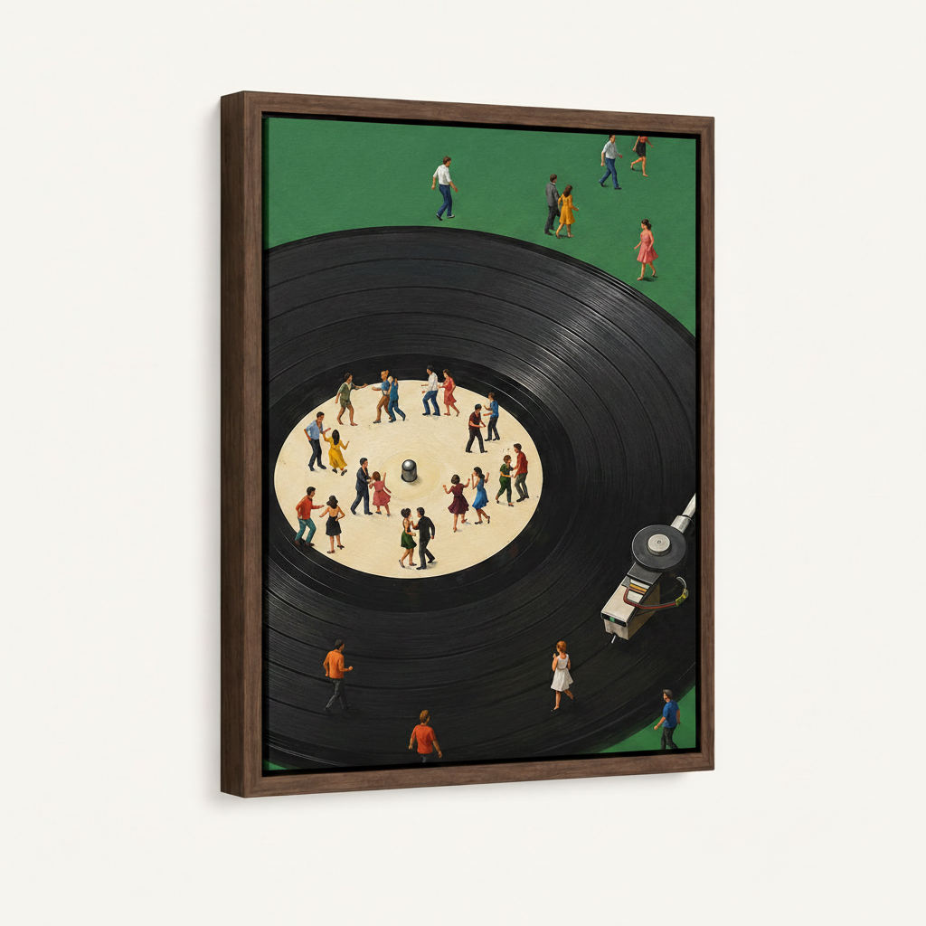 Vinyl record surrealist pop art canvas in dark walnut floating frame shown at angle on white background