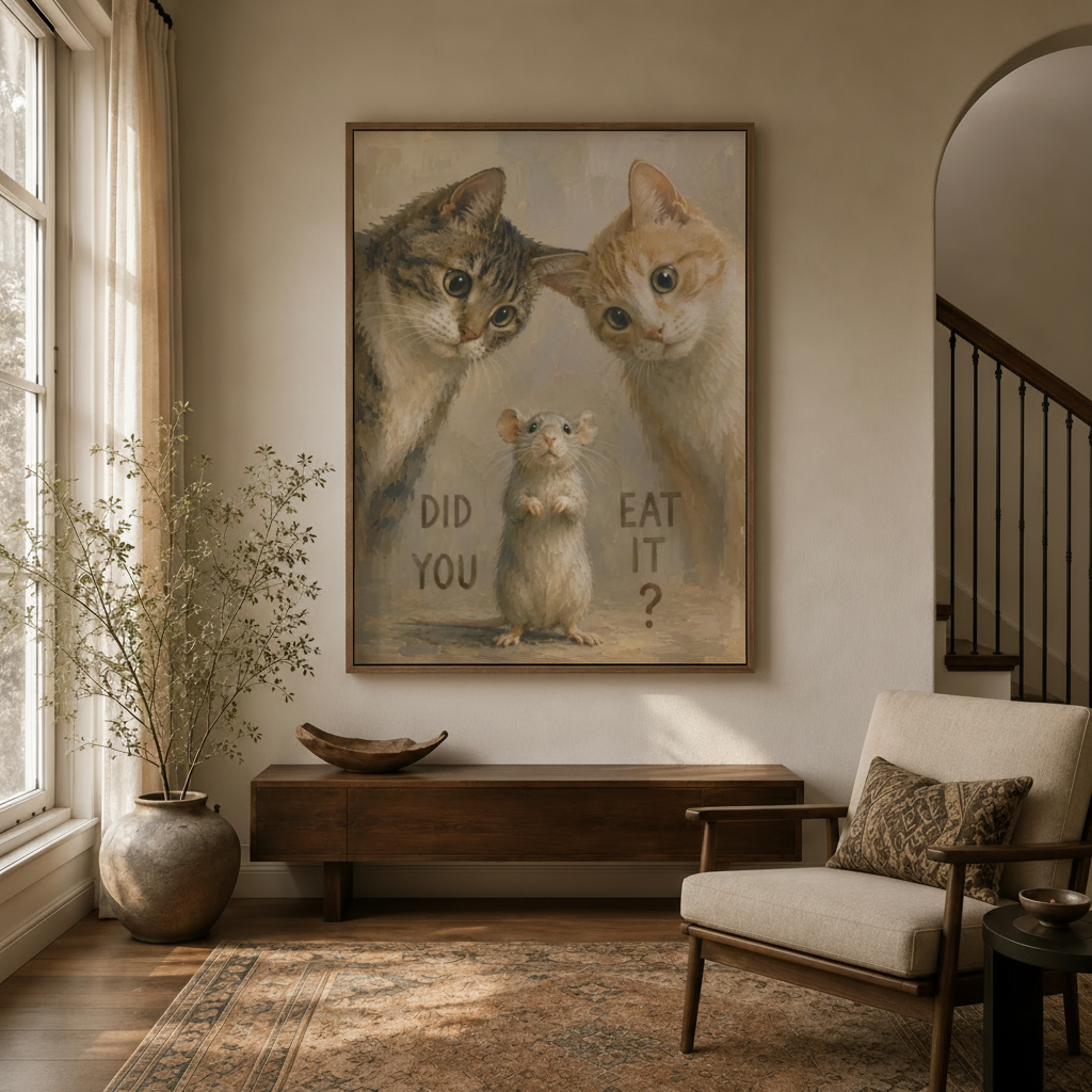 Vintage cat mouse humor illustration canvas in float frame above dark walnut entryway credenza, warm antique tone