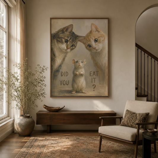 Vintage cat mouse humor illustration canvas in float frame above dark walnut entryway credenza, warm antique tone