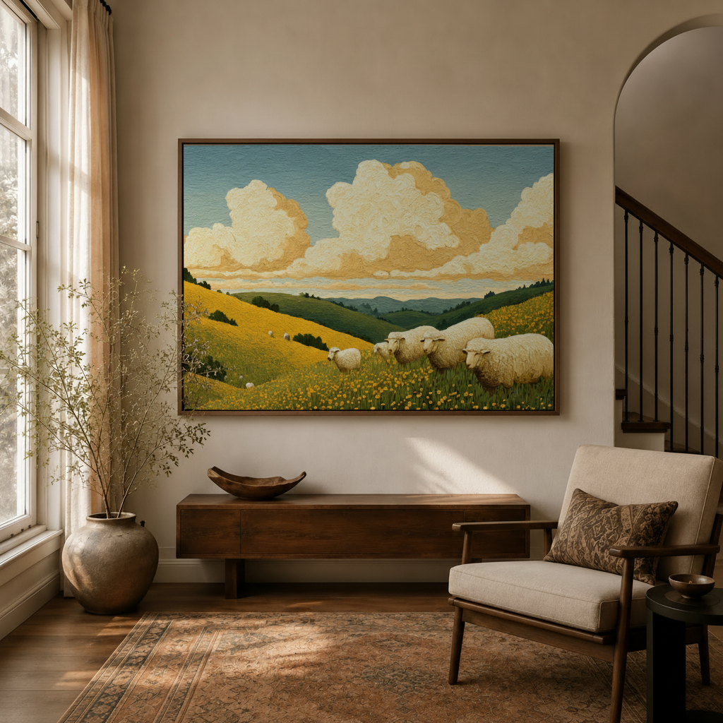 Framed impasto sheep golden meadow landscape canvas wall art above sideboard in warm modern entryway sitting room