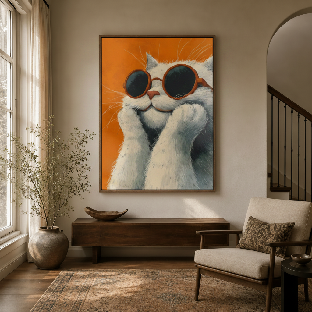 Funny cool cat framed canvas art displayed in warm entryway with arched doorway