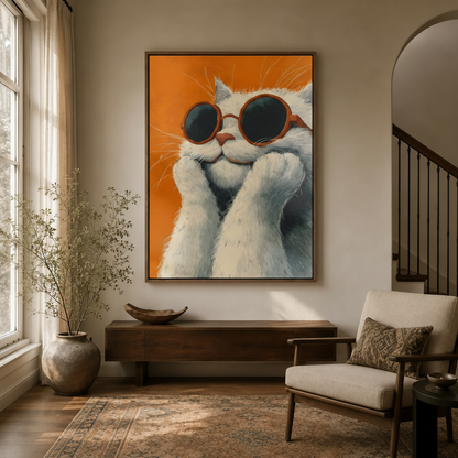 Funny cool cat framed canvas art displayed in warm entryway with arched doorway