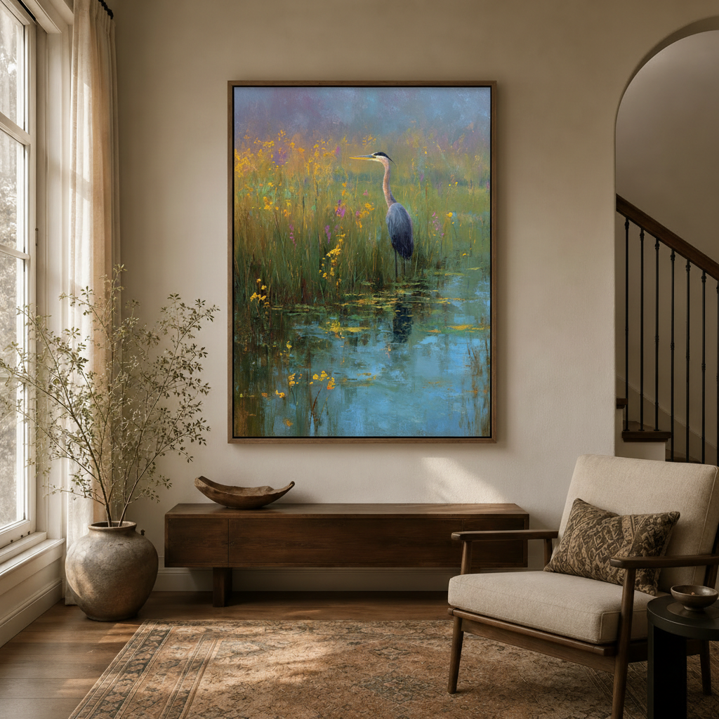 Impressionist heron wetland canvas in walnut float frame displayed in entryway above console