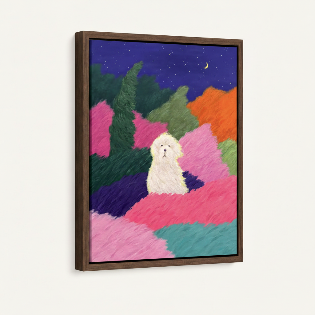White fluffy dog in colorful impasto starry night landscape canvas print in dark walnut floating frame on white background