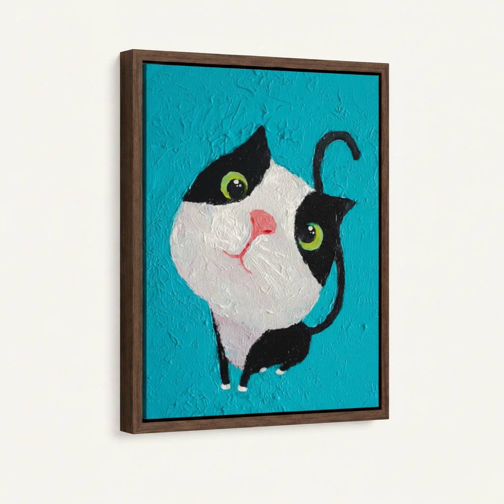 Cute cat canvas wall art in dark walnut floater frame displayed at angle on clean white background