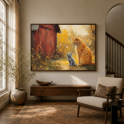Framed orange tabby cat kitten autumn barn impressionist canvas wall art in warm entryway with staircase and console table