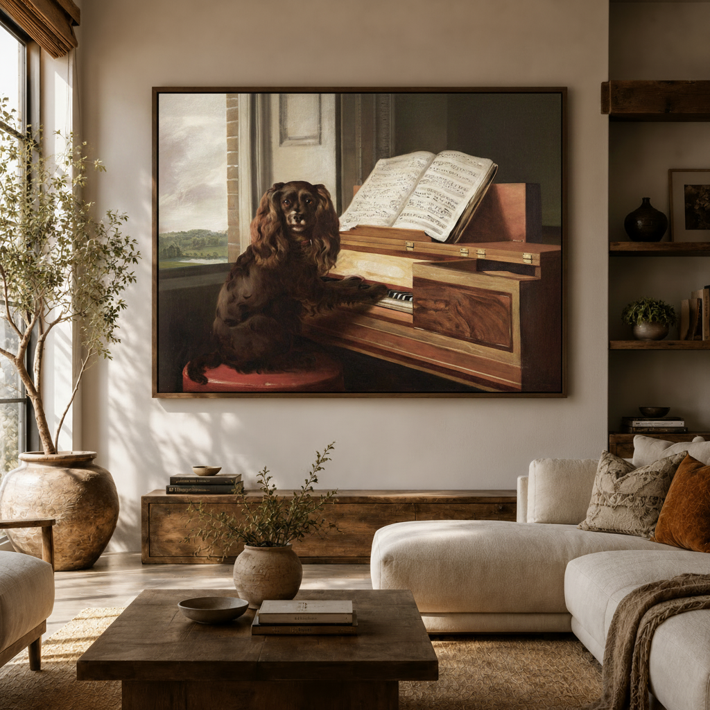 Old Master Spaniel dog at harpsichord canvas wall art above sideboard in bright modern living room white sofa