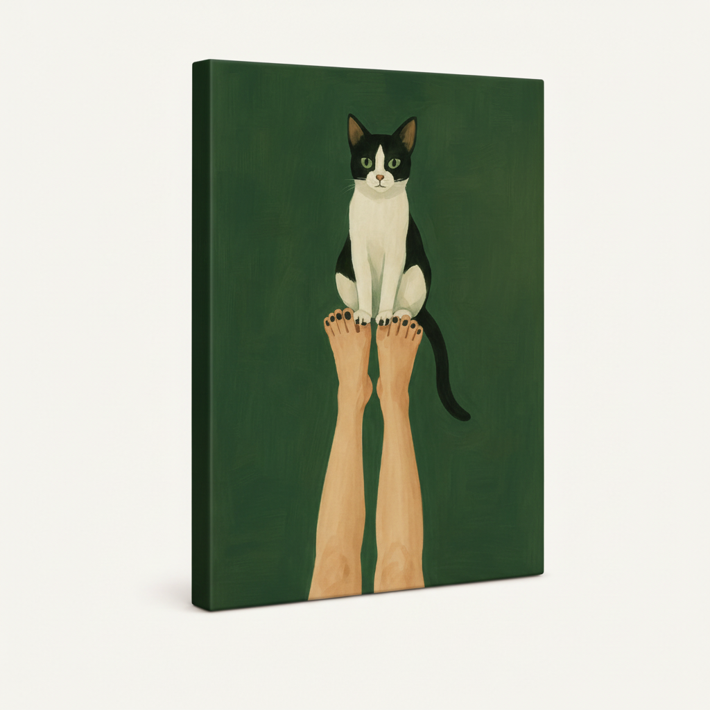 Gallery-wrapped tuxedo cat canvas showing forest green side depth, frameless flat illustration wall art