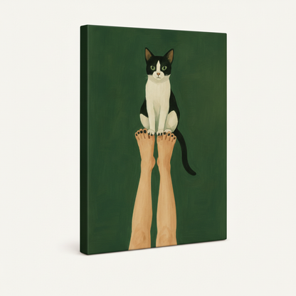 Gallery-wrapped tuxedo cat canvas showing forest green side depth, frameless flat illustration wall art