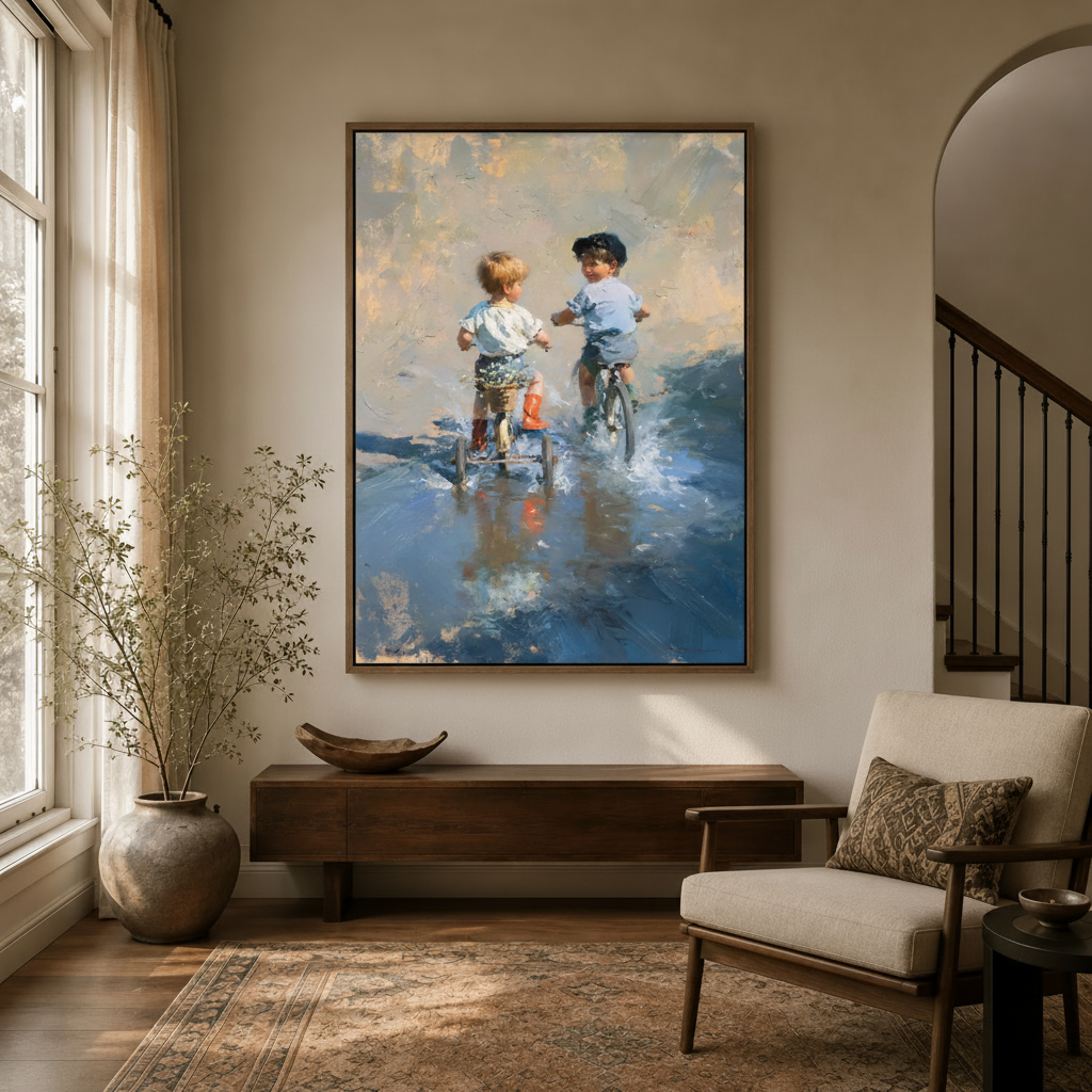 Children bikes rainy puddle canvas hung above console in bright entryway with Persian rug and arched doorway