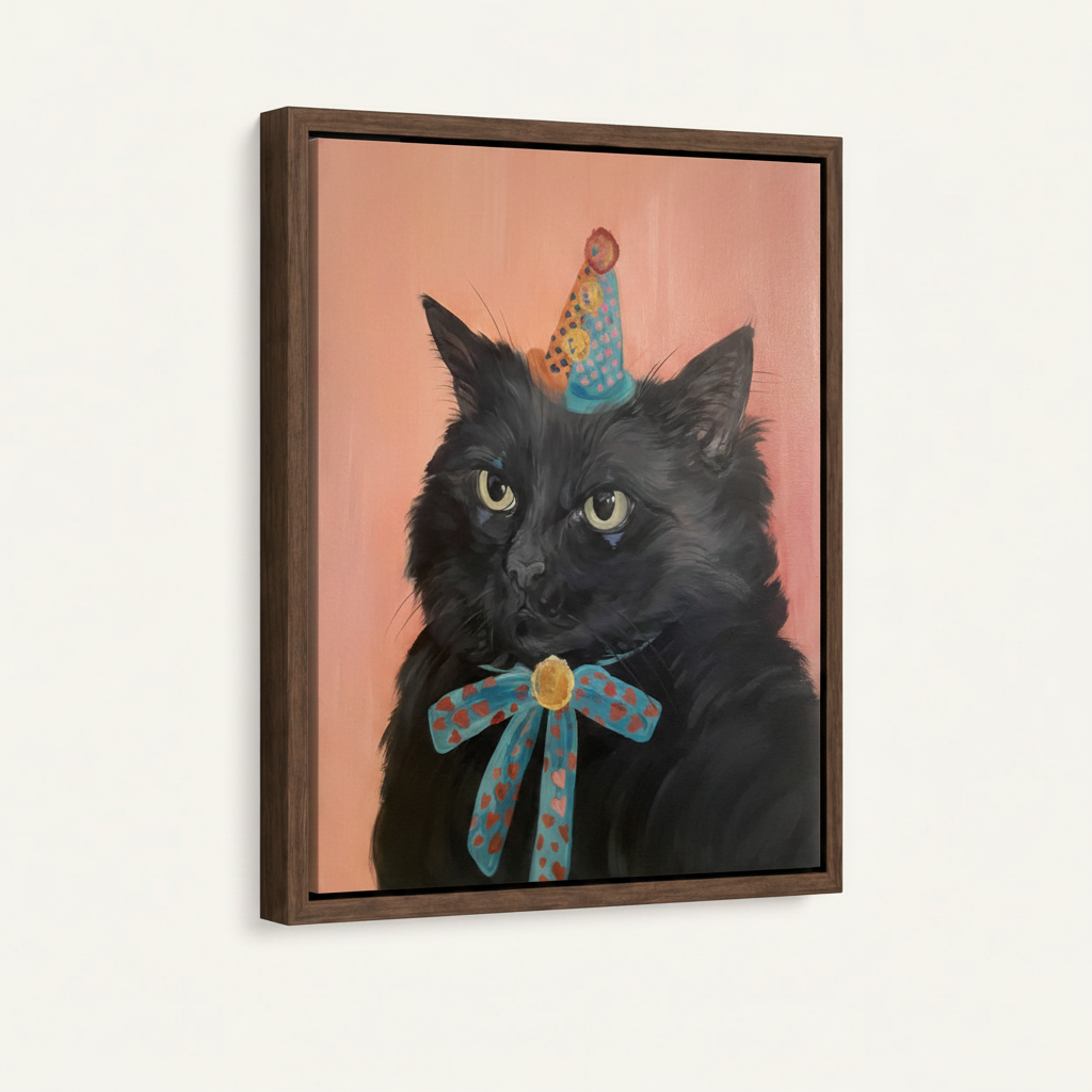 Party hat black cat canvas in dark walnut float frame shown in angled left-view product photo