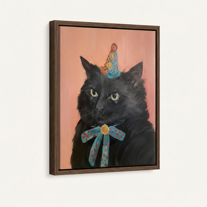 Party hat black cat canvas in dark walnut float frame shown in angled left-view product photo