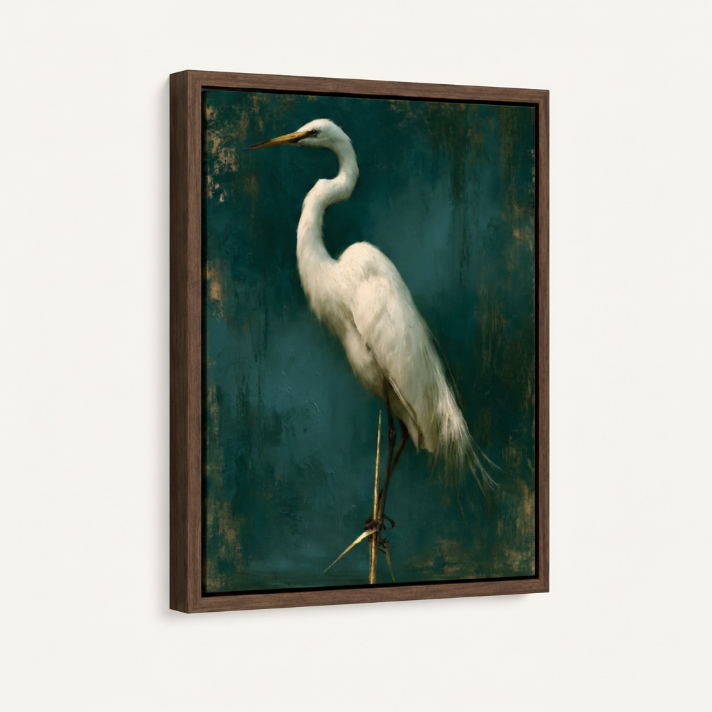 Framed vintage egret wall art in dark walnut floater frame, 3/4 angle ecommerce product photo