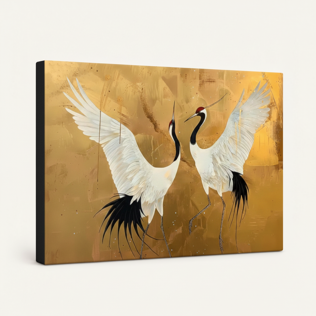 Gallery-wrapped dancing cranes gold canvas print with dark painted edges, angled view on white background