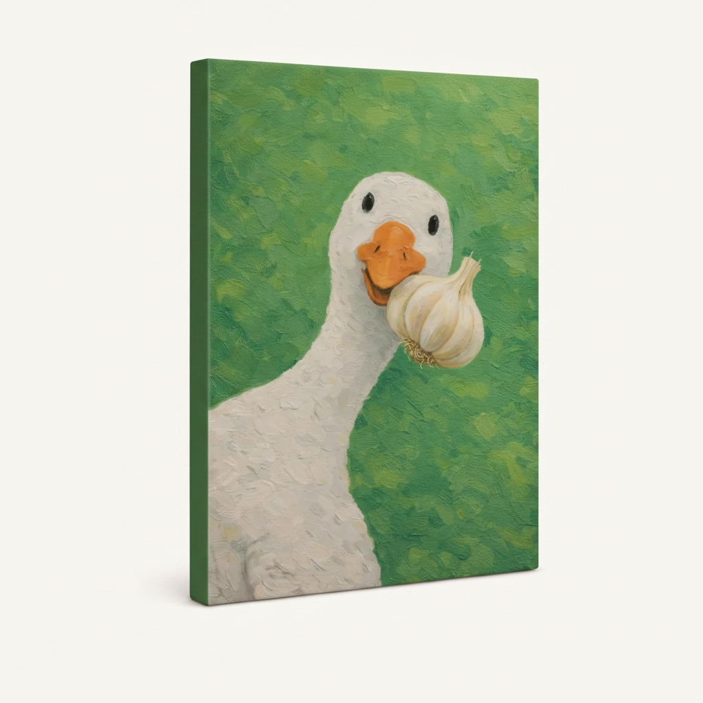 Gallery-wrapped goose with garlic impasto canvas, green sides, frameless angled product shot