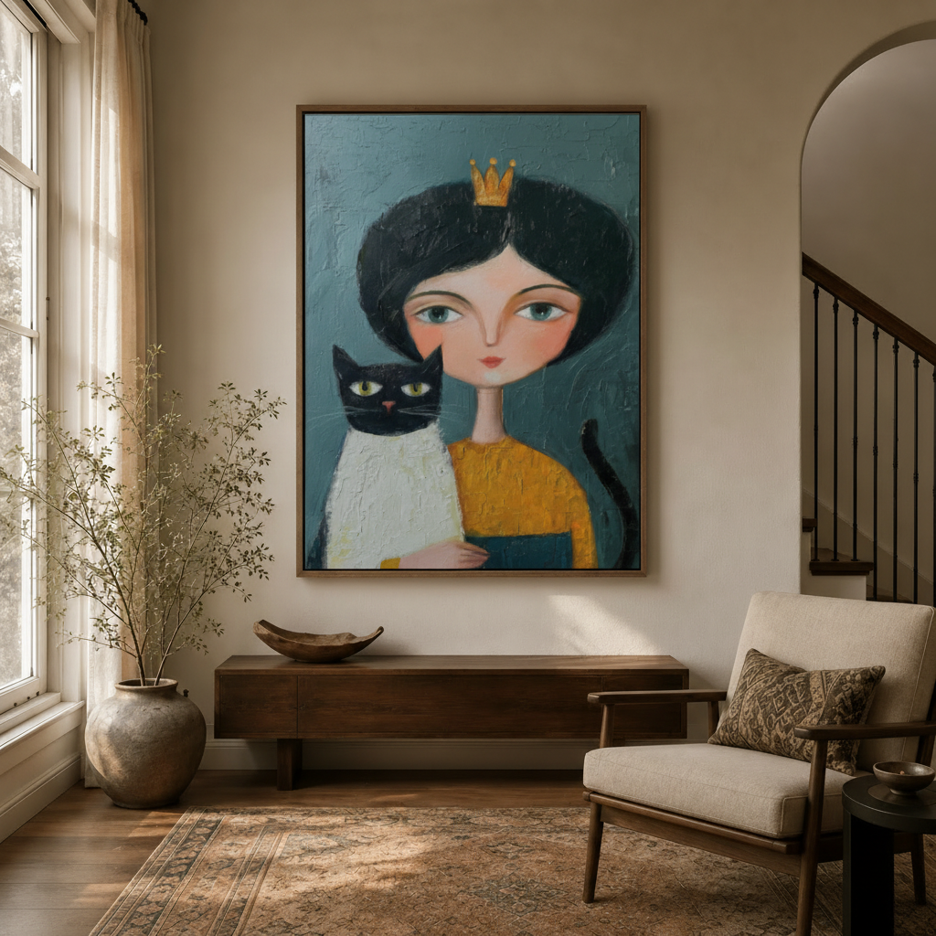 Girl gold crown black cat impasto canvas in walnut frame displayed in bright entryway above console