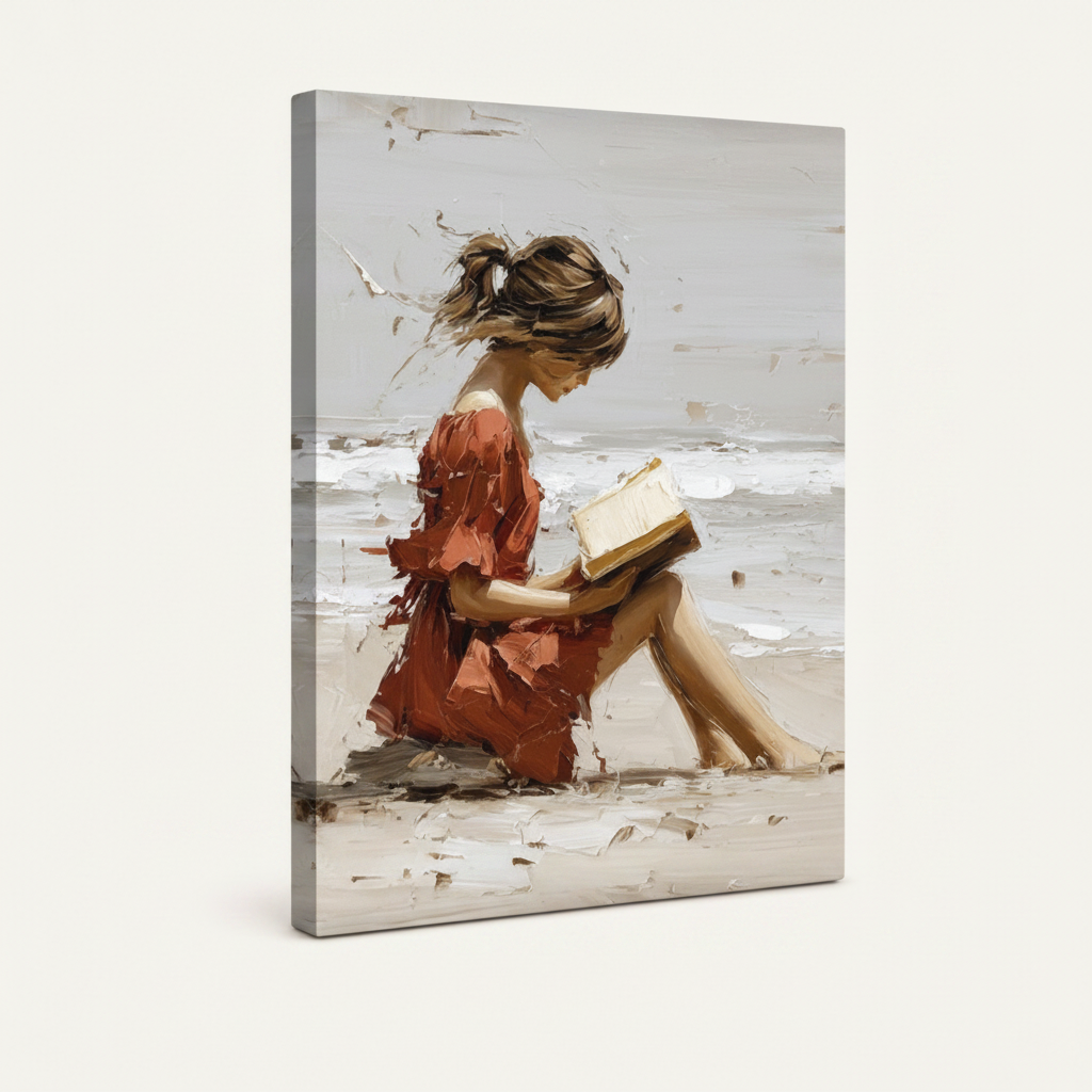 Frameless gallery-wrapped coastal girl canvas, side view showing thick wrapped edges on cream background