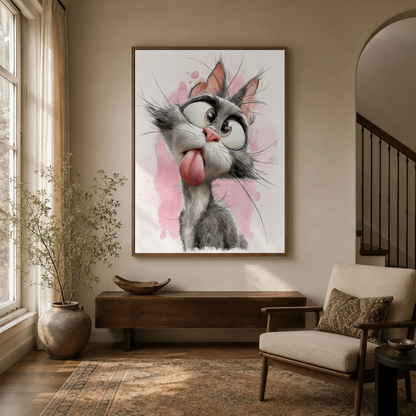 Silly gray cat tongue out cartoon canvas displayed in bright entryway foyer with arched doorway and armchair