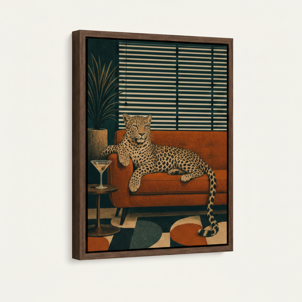 Mid-century leopard painting in dark walnut float frame at 3/4 angle on off-white background