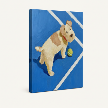 Gallery-wrapped dog tennis court canvas showing thick impasto texture and side wrap edges on white background