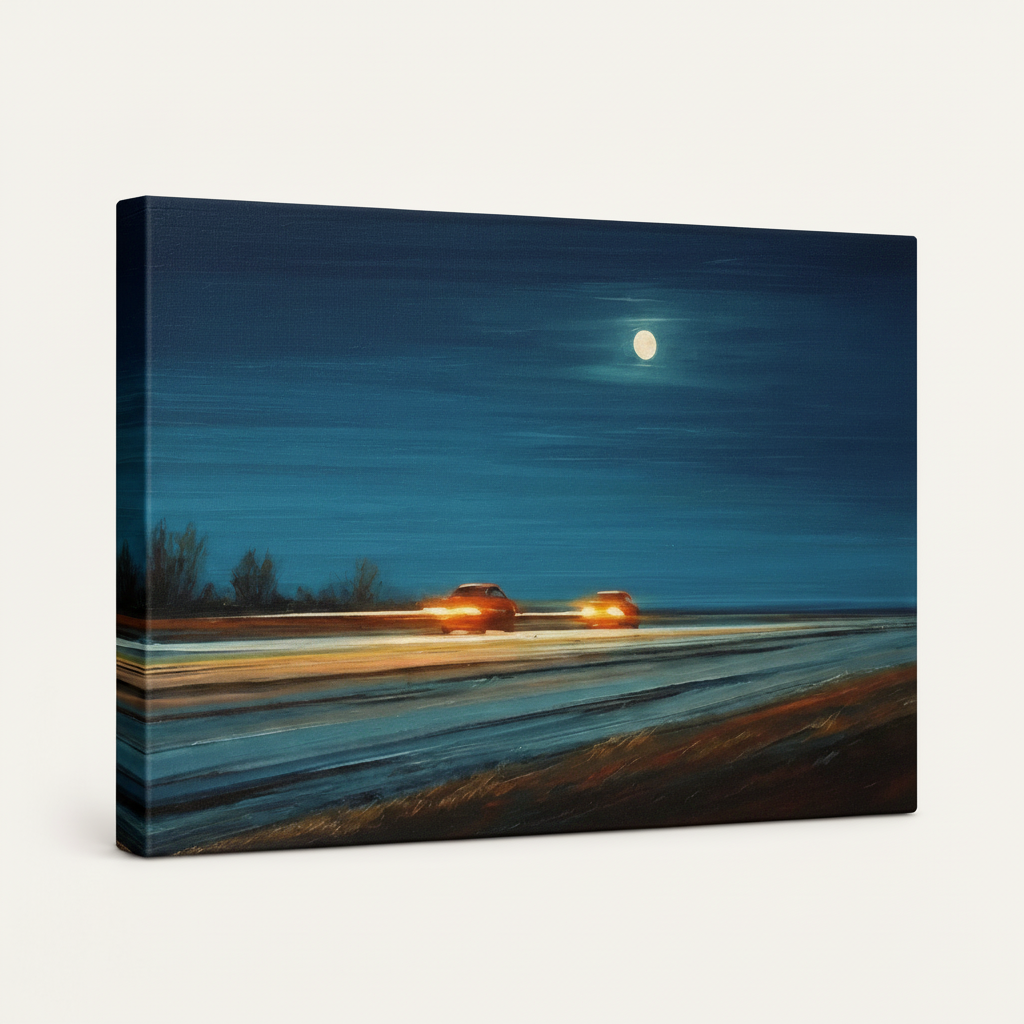 Gallery wrapped canvas featuring nocturnal highway painting with full moon, side angle on white background