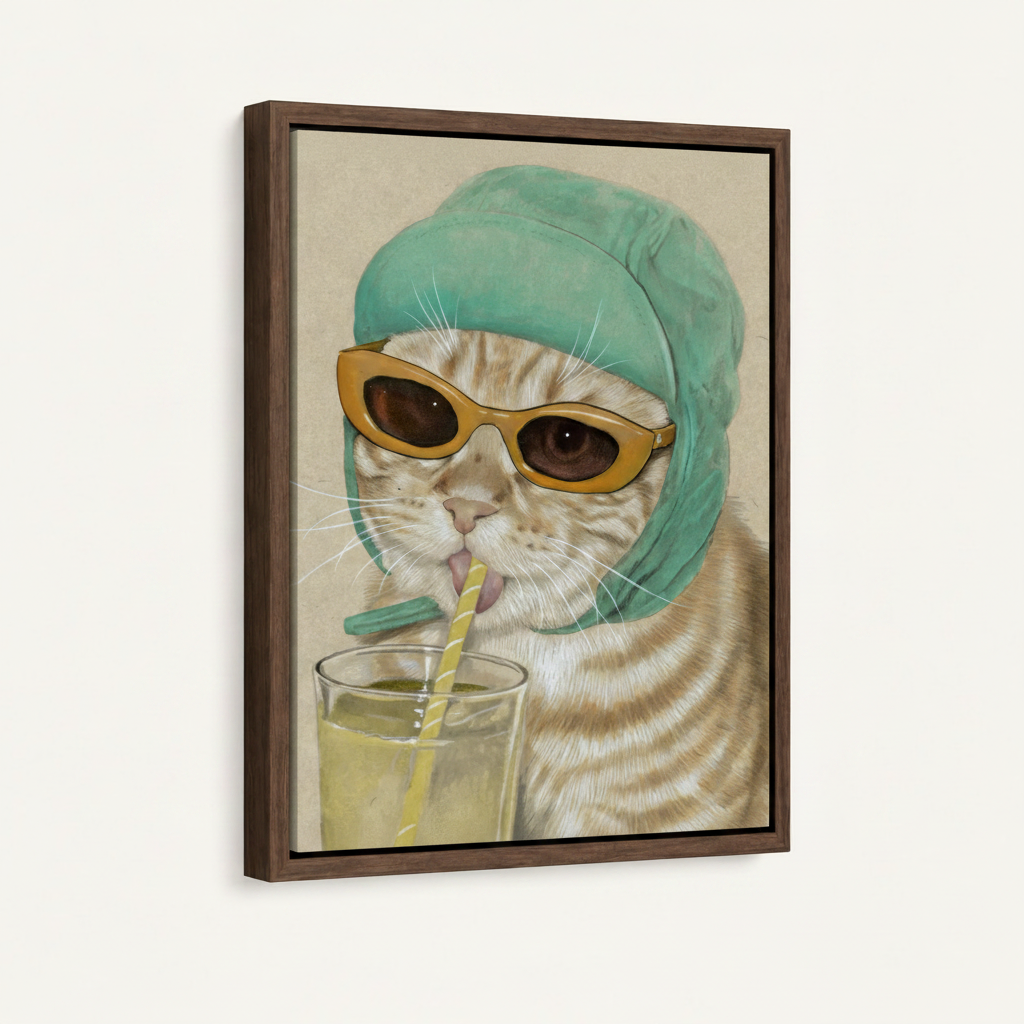 Framed whimsical cat lemonade canvas print with dark walnut floating frame product view