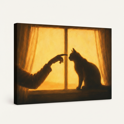Gallery-wrapped sunset cat oil painting canvas, angled view showing wrap edges on white background