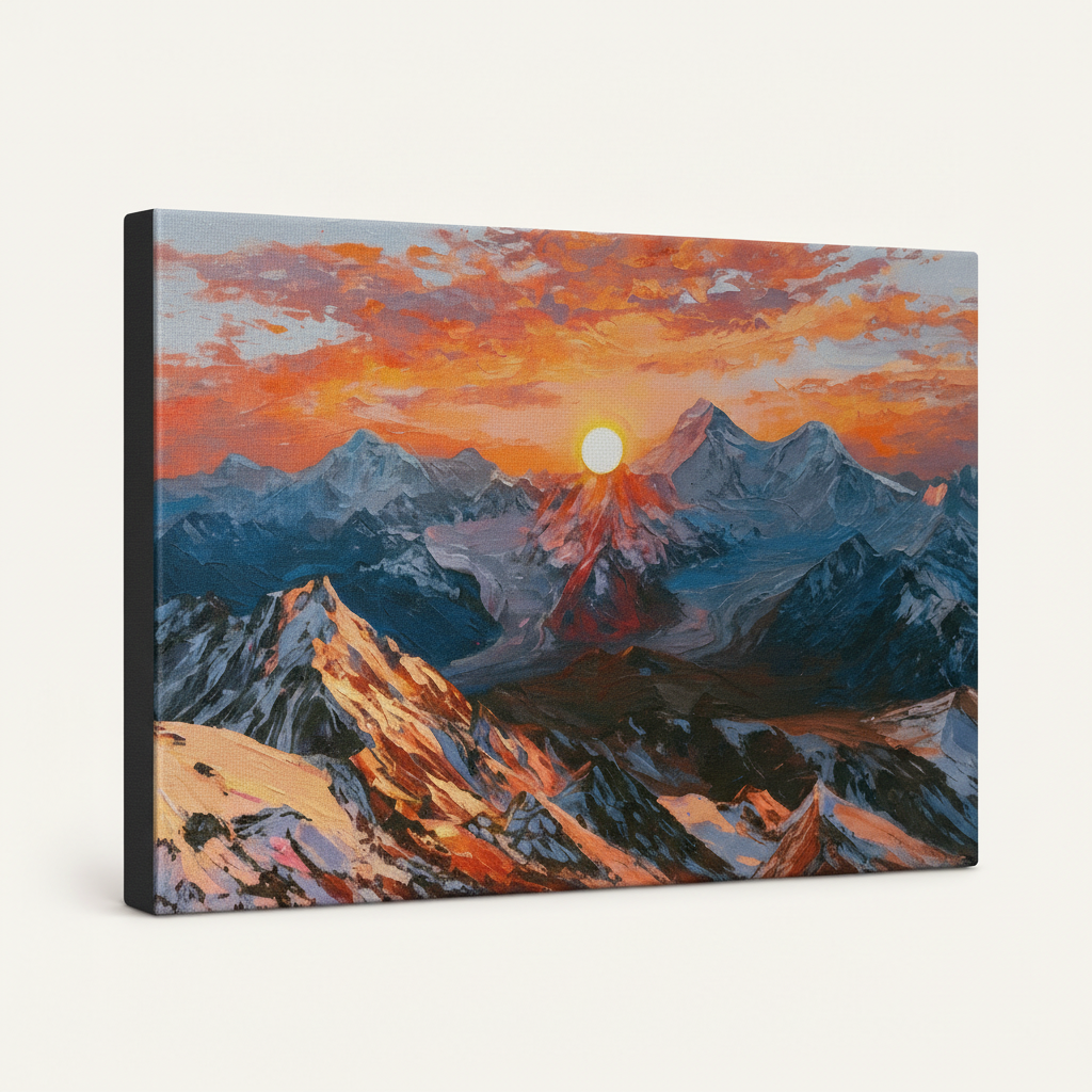 Gallery-wrapped mountain sunrise canvas print side-angle product view on white background
