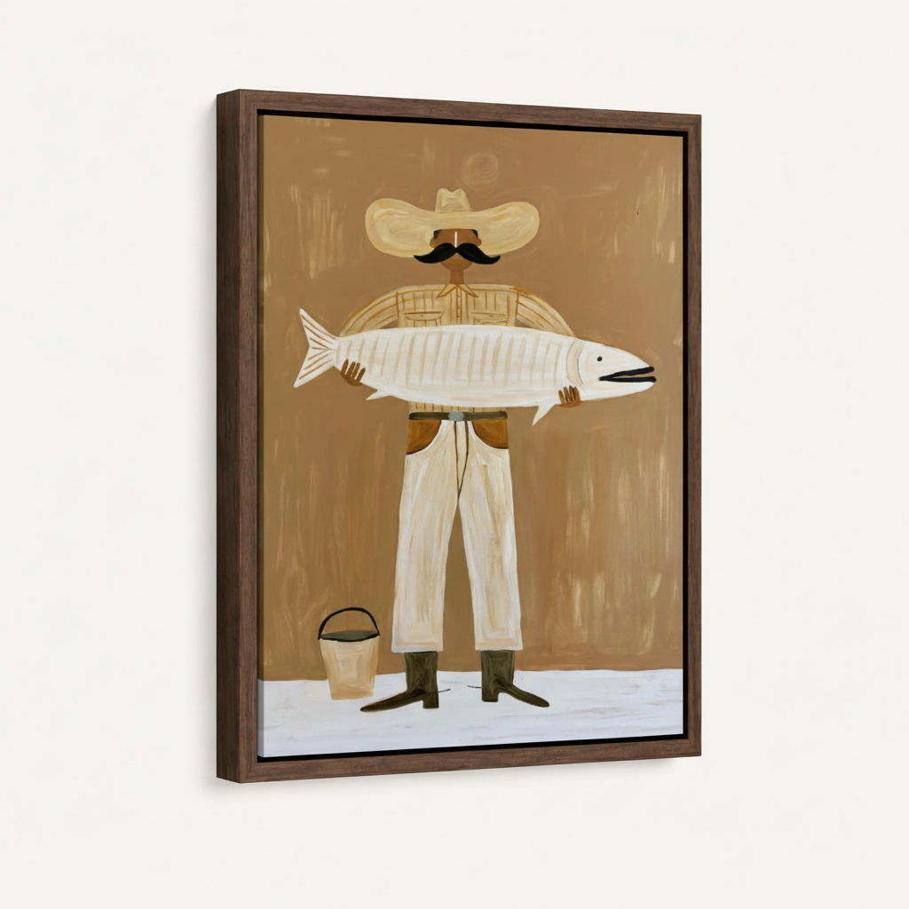 Mustachioed cowboy holding fish painting in dark walnut float frame on white background