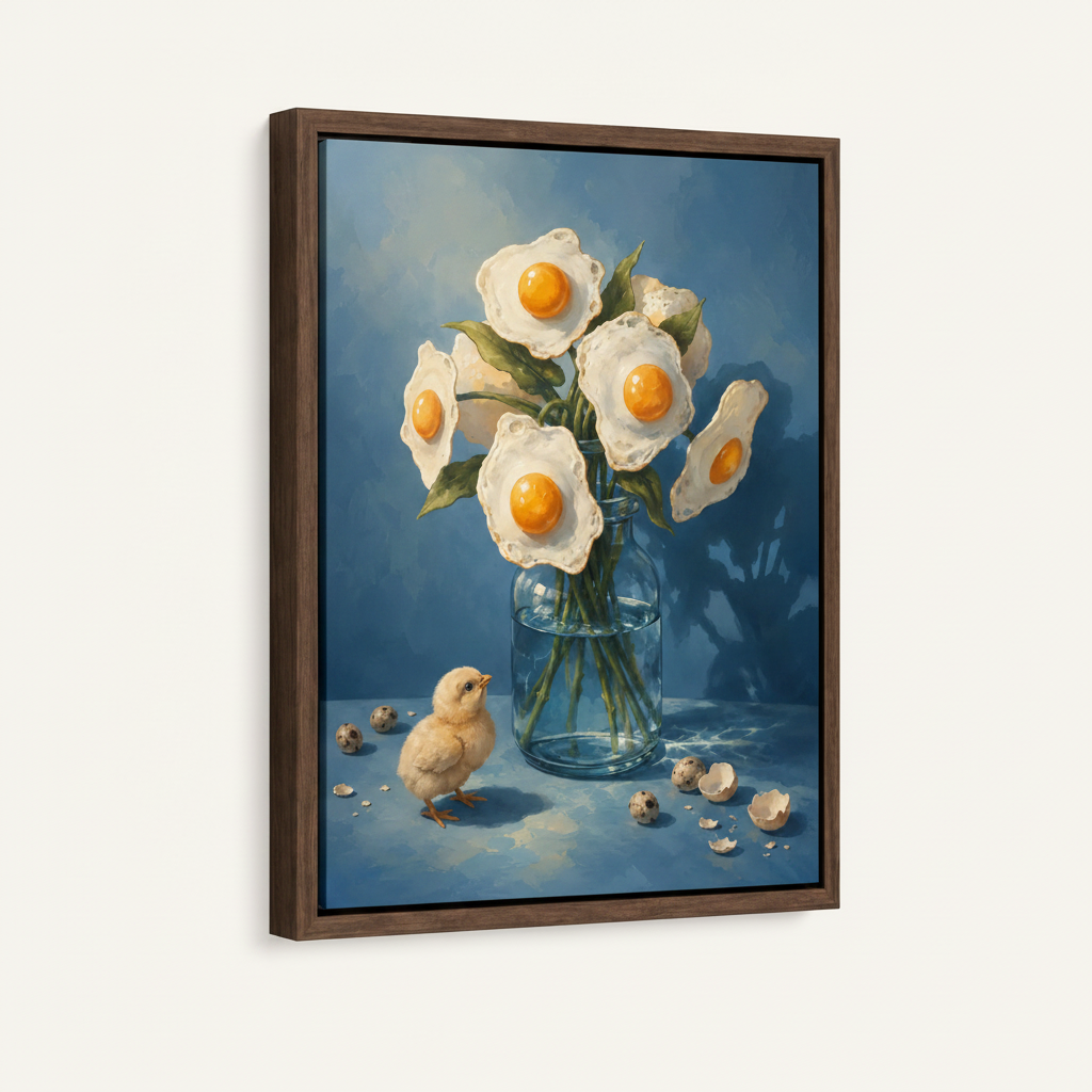 Surrealist egg painting in dark walnut float frame displayed on white background