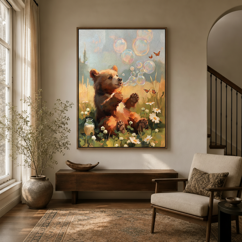 Bear cub flower meadow bubbles impasto canvas in walnut float frame displayed in bright modern entryway