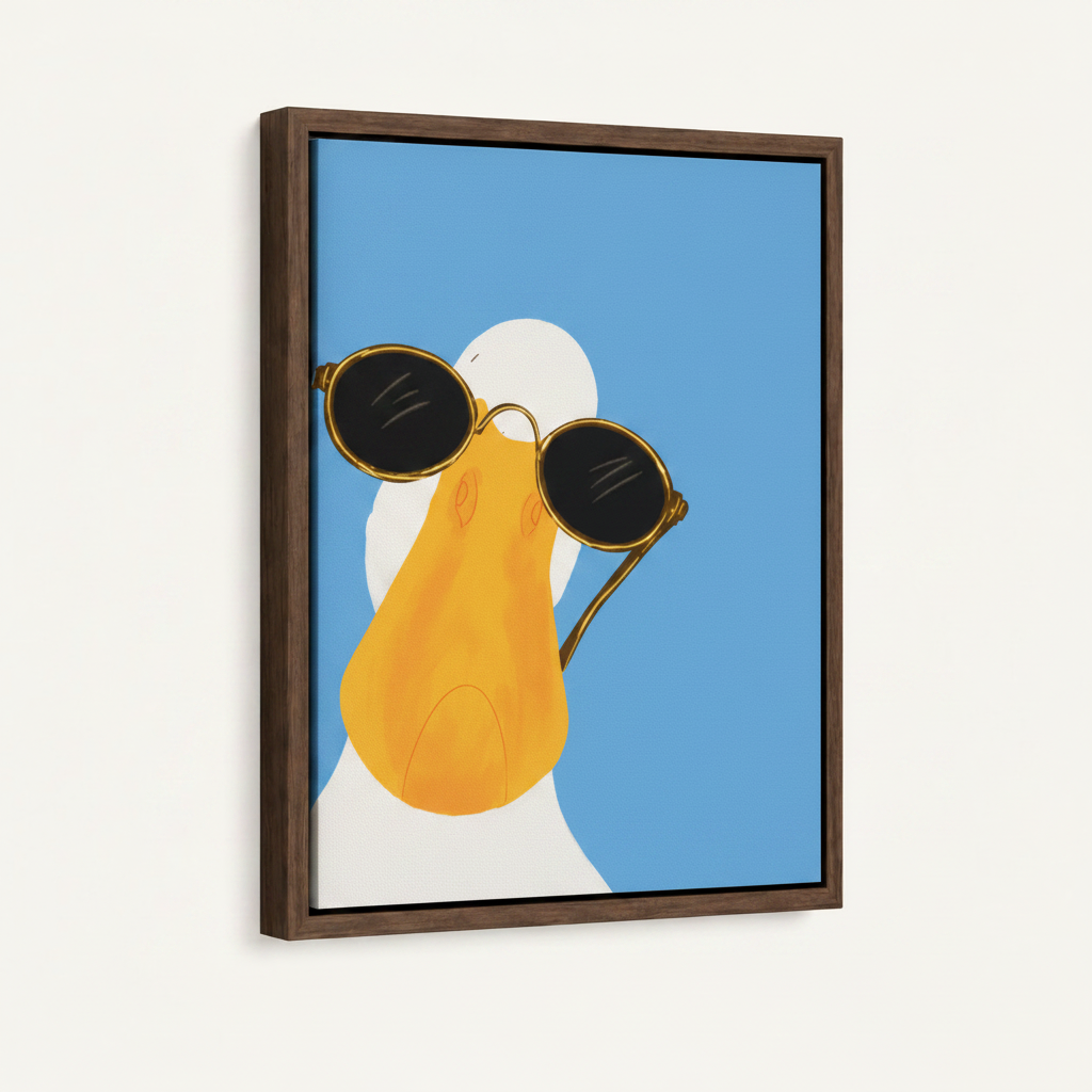 Float frame canvas wall art featuring funny duck close-up with dark walnut wood frame on white background