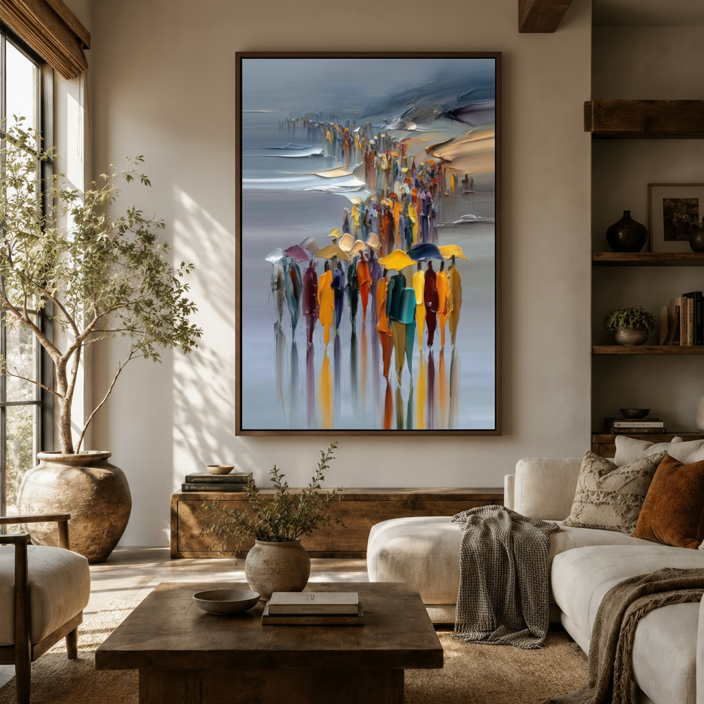 Abstract crowd canvas print displayed in a warm neutral entryway with arched doorway and wood console table