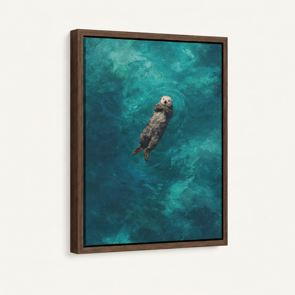 Sea otter floating painting in dark walnut float frame on white background product view