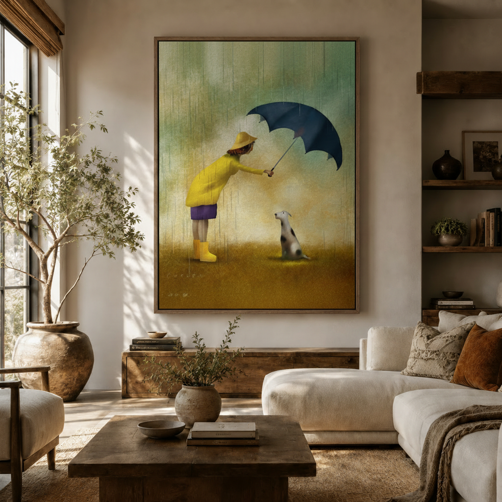 Large rainy day canvas art print above sofa in a bright neutral living room with warm wood accents