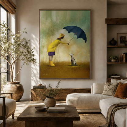 Large rainy day canvas art print above sofa in a bright neutral living room with warm wood accents