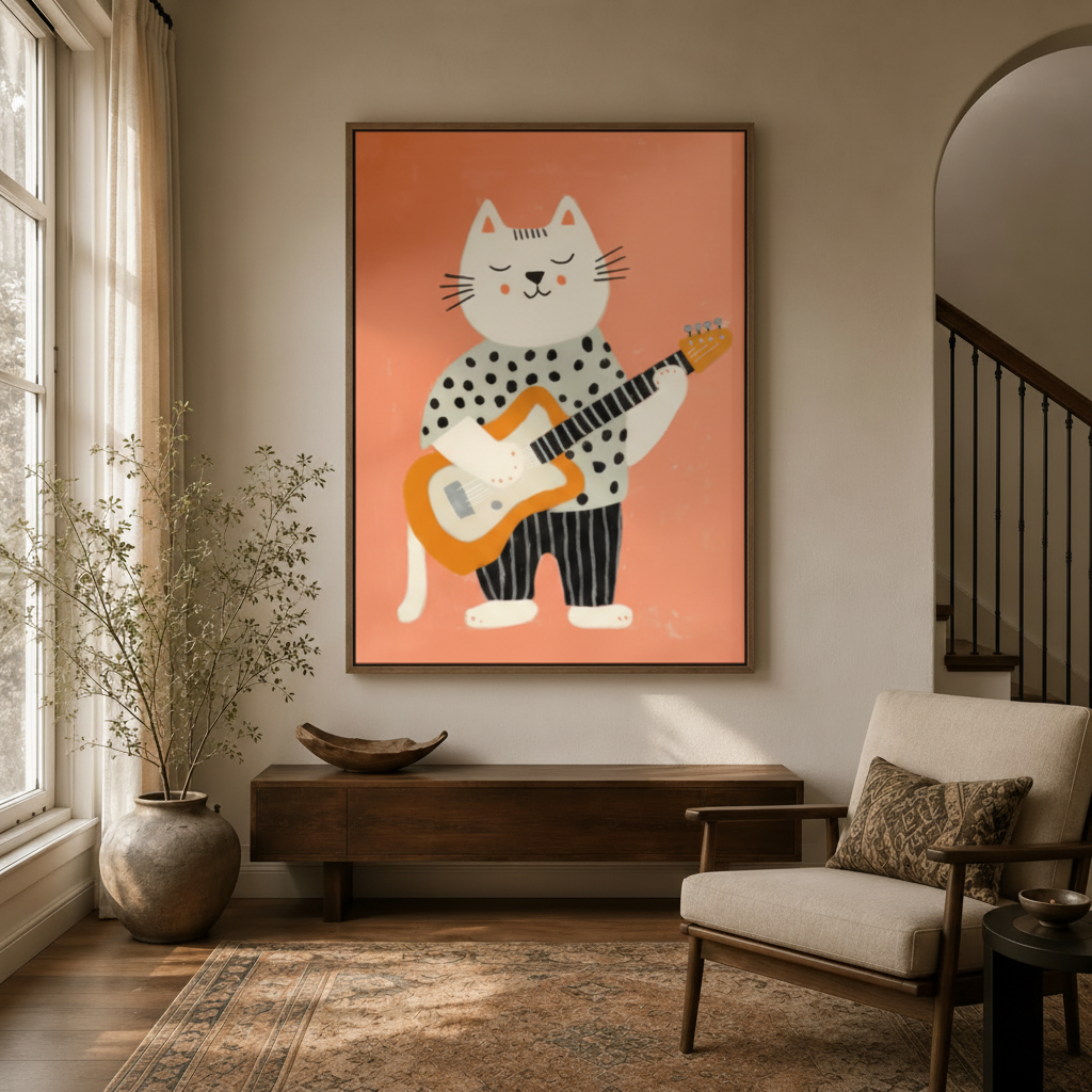 Playful guitar cat polka-dot illustration canvas in float frame above dark walnut entryway credenza